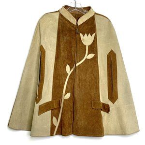 Suede Leather Cape 1960's Style Flower Applique